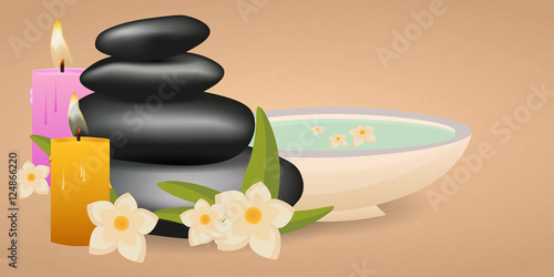 Spa salon banner with stones. Thai Massage. Wood texture. Vector illustration
