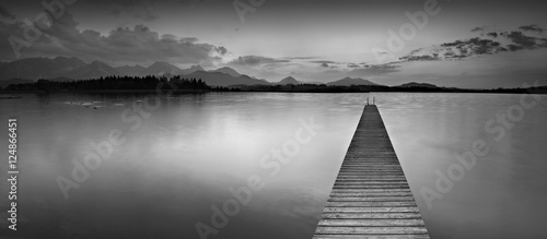 Long Wooden Pier into Lake Hopfensee in the Bavarian Alps, Black and White
