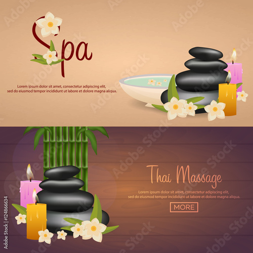 Spa salon banner with stones and bamboo. Thai Massage. Wood texture. Vector illustration