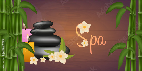 Spa salon banner with stones and bamboo. Thai Massage. Wood texture. Vector illustration