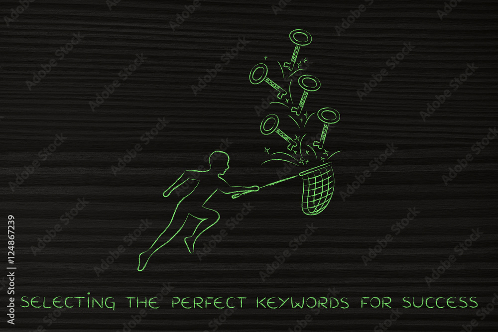 keywords to reach success, man with net catching keys keywords to reach success, man with net catching keys