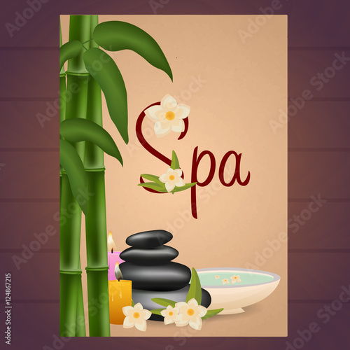 Spa salon Poster with stones. Thai Massage. Wood texture. Vector illustration.