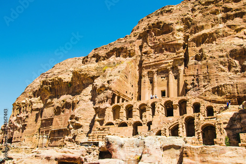 Overall view Royal Tombs, the first one Urn Tomb, Petra, Jordan. Touristic place. Travel and vacation concept.