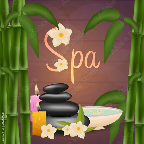 Spa salon banner with stones and bamboo. Thai Massage. Wood texture. Vector illustration