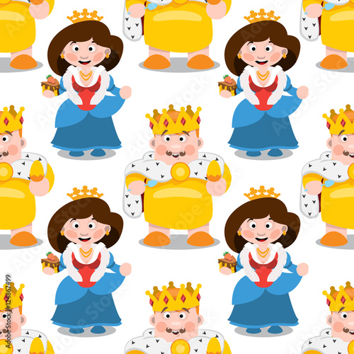Seamless pattern with cartoon king and queen.