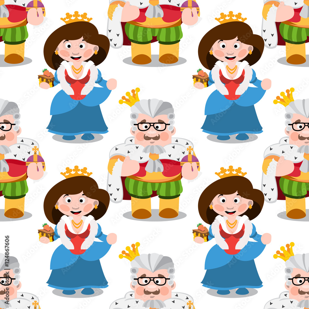 Seamless pattern with cartoon king and queen.