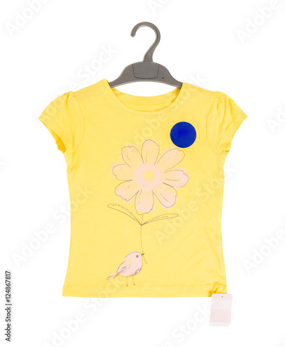 Yellow cotton t-shirt with flower and bird.