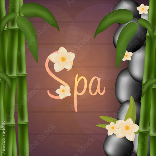 Spa salon banner with stones and bamboo. Thai Massage. Wood texture. Vector illustration