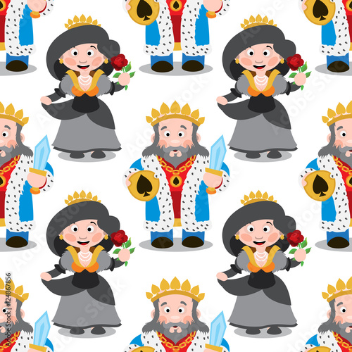 Seamless pattern with cartoon king and queen.