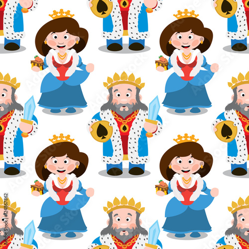 Seamless pattern with cartoon king and queen.