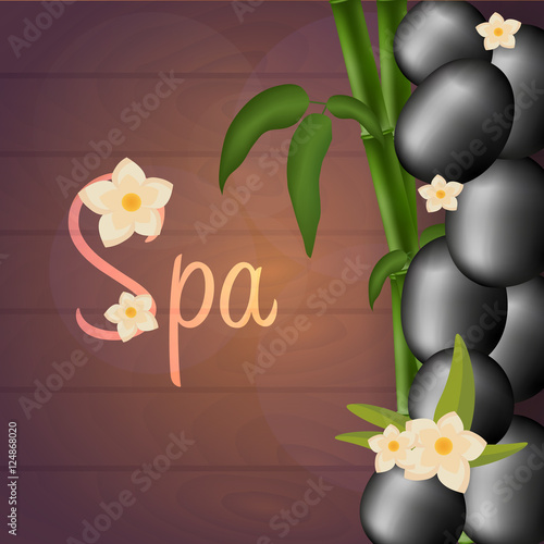 Spa salon banner with stones and bamboo. Thai Massage. Wood texture. Vector illustration
