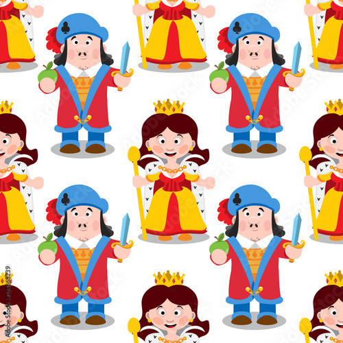Seamless pattern with cartoon queen and prince.
