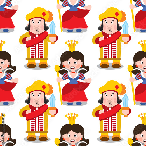 Seamless pattern with cartoon queen and prince.