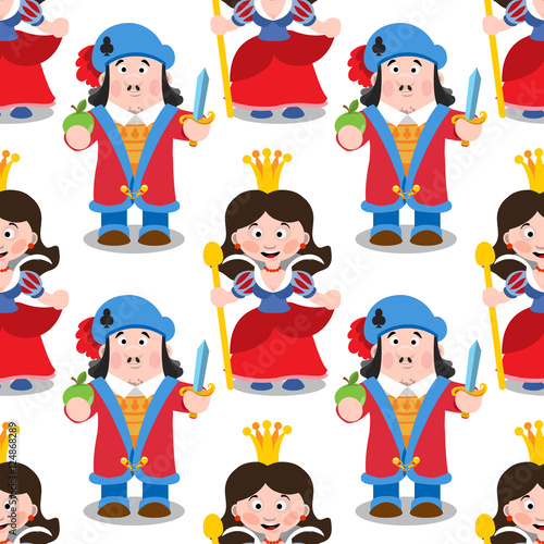 Seamless pattern with cartoon queen and prince.
