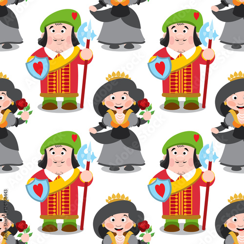 Seamless pattern with cartoon queen and prince.
