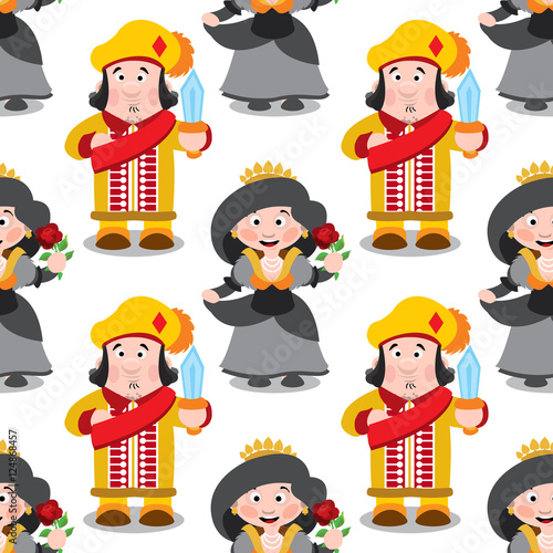 Seamless pattern with cartoon queen and prince.