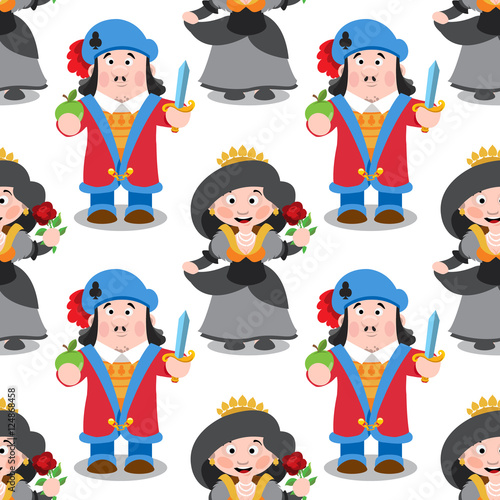 Seamless pattern with cartoon queen and prince.