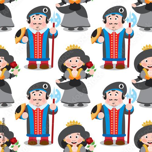 Seamless pattern with cartoon queen and prince.