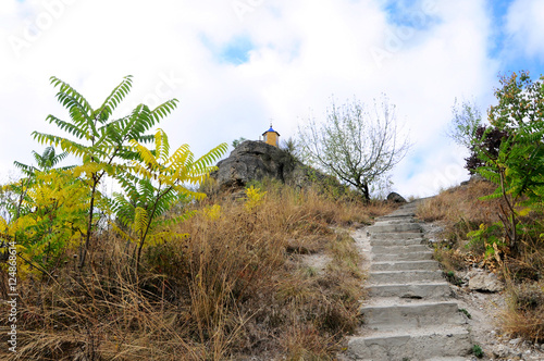 Ancient monastery. orthodox monastery Saharna, Republic of Moldova. staircase to the chapel on the hill photo