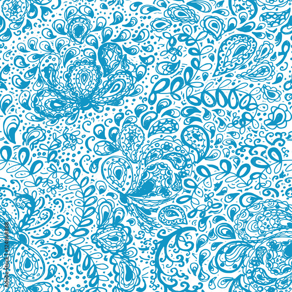 Floral doodle seamless wallpaper pattern. Illustration with paisley ornaments. Textile with hand-drawn flowers.