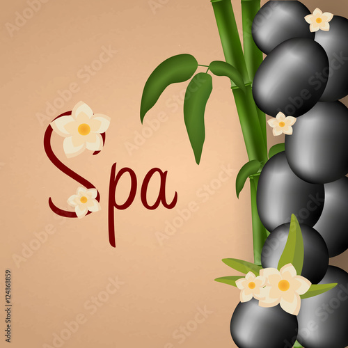 Spa salon banner with stones and bamboo. Thai Massage. Wood texture. Vector illustration