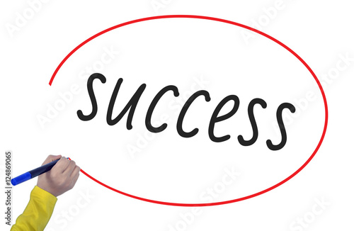 Women Hand writing success on white background. Business, techno