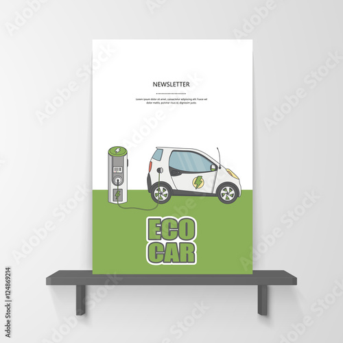 Flyer or Postrat Design. Flat Illustration of Electric car on charging station. Vector design.

