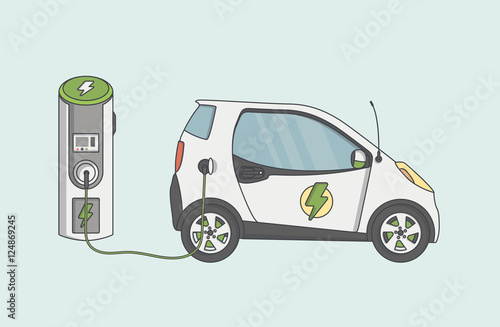 Flat Design of Electric car on charging station. Vector Electric car illustration.

