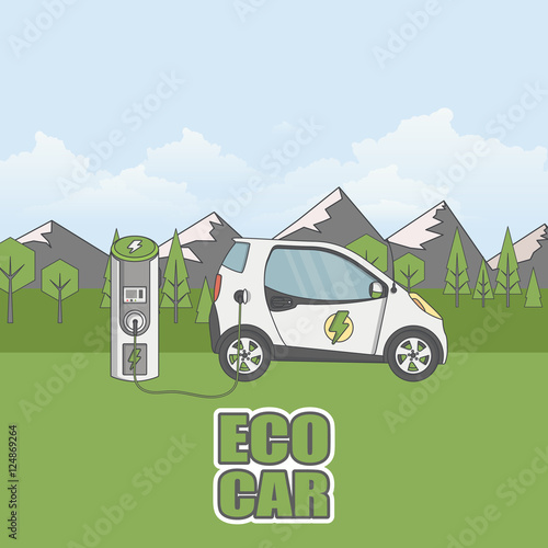 Stock Vector Illustration: Flat Design of Electric car on charging station. Vector eco landscape with electric car illustration.
