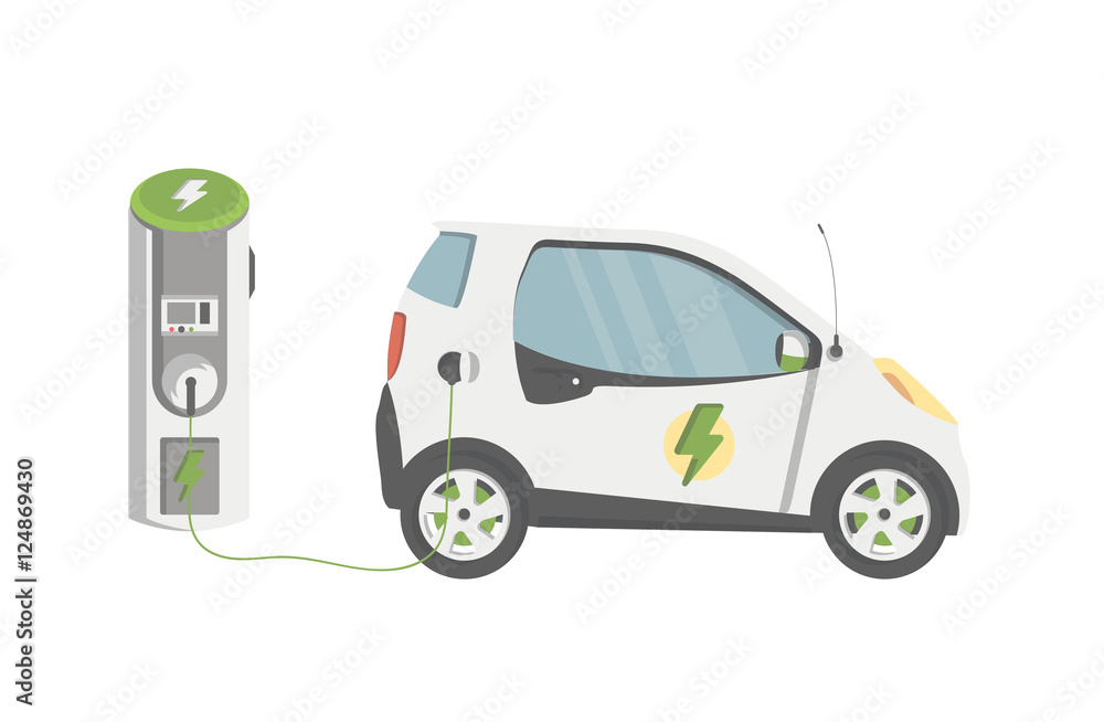 Naklejka premium Flat Design of Electric car on charging station. Vector Electric car illustration.