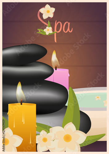 Spa salon Poster with stones. Thai Massage. Wood texture. Vector illustration.