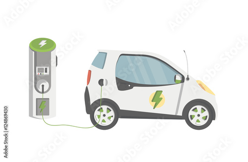 Flat Design of Electric car on charging station. Vector Electric car illustration.

