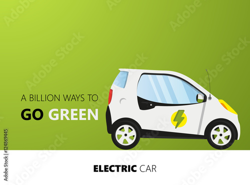 Flat Design on green backdrop.. Vector Electric car illustration.

