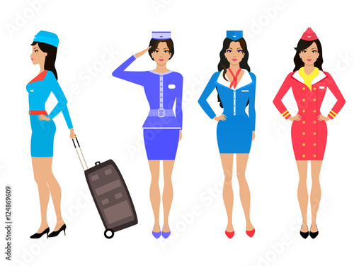 Set beautiful stewardess. Air hostess in uniform