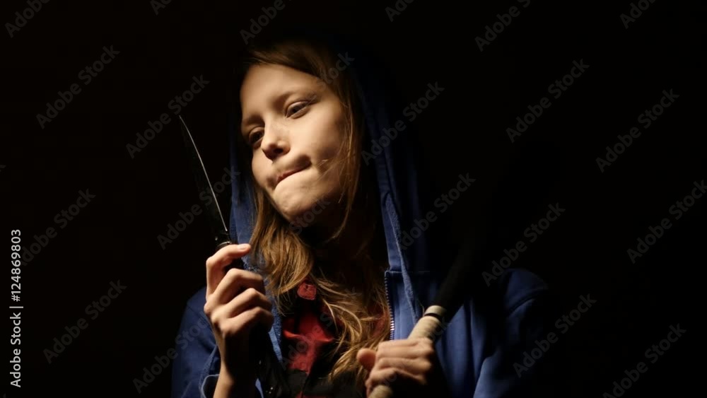 Criminal teen girl with baseball bat, young hooligan. 4K Criminal teen girl with baseball bat, young hooligan. 4K