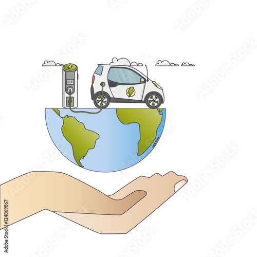Human hand holding flat design of electric car on charging station. Vector eco landscape with electric car illustration.

