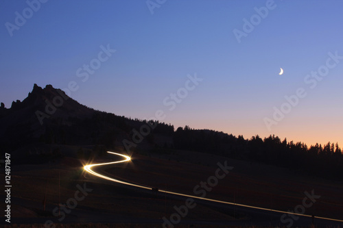 moon over mtn w car light streaks