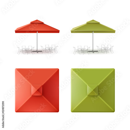 Set of Red Green Blank Patio Outdoor Market Beach Cafe Bar Pub Restaurant Square Umbrella Parasol on White Background