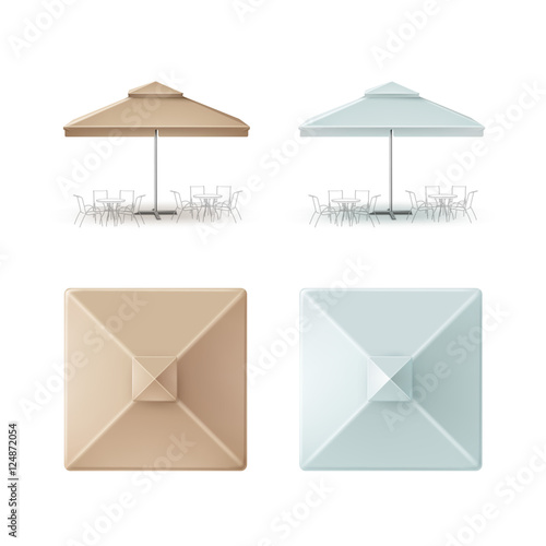 Set of Light Blue Beige Patio Outdoor Cafe Bar Restaurant Square Umbrella for Branding Top Side Front View on Background