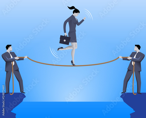 Teamwork during crisis time business concept. Two confident businessmen are holding a rope over an abyss and business lady is balancing on this rope. Vector illustration.