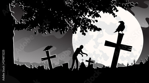 vector illustration panorama landscape cemetery, night, moon, tombstones, zombies, monochrome, black and white, tree, crows, Halloween