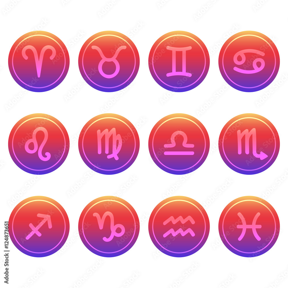 Set of twelve cute and colorful hand drawn zodiac signs on trendy gradient background.
Set of twelve cute and colorful hand drawn zodiac signs on trendy gradient background.
