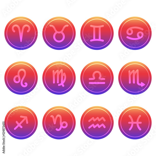 Set of twelve cute and colorful hand drawn zodiac signs on trendy gradient background.
