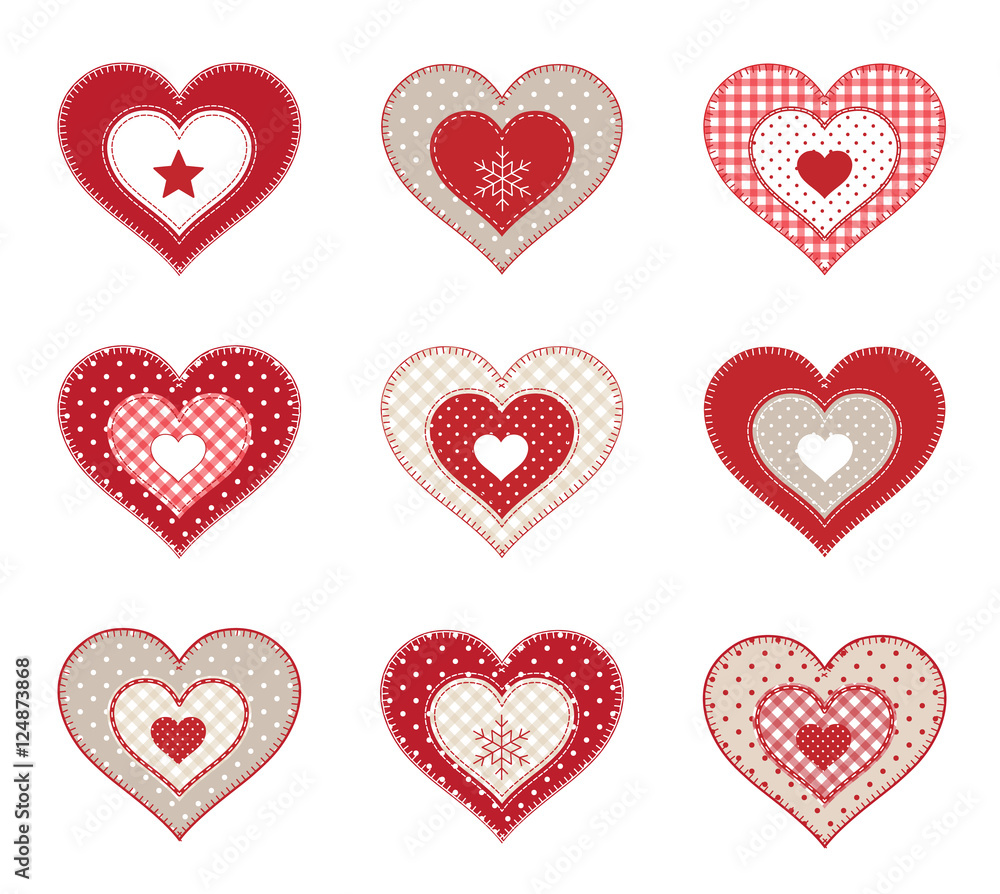 Set of red patchwork decorative hearts, isolated on white background, illustration