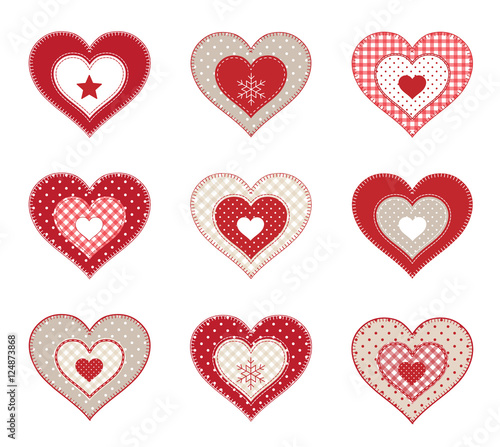 Set of red patchwork decorative hearts, isolated on white background, illustration