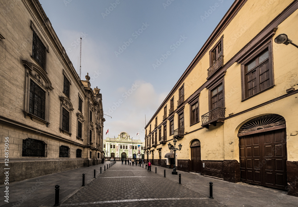 LIMA, PERU: View of a street in the old town of Lima city.