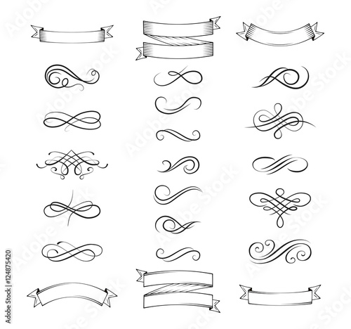 Vintage elements and page decoration. Ribbons, Ornate frames and scroll element.