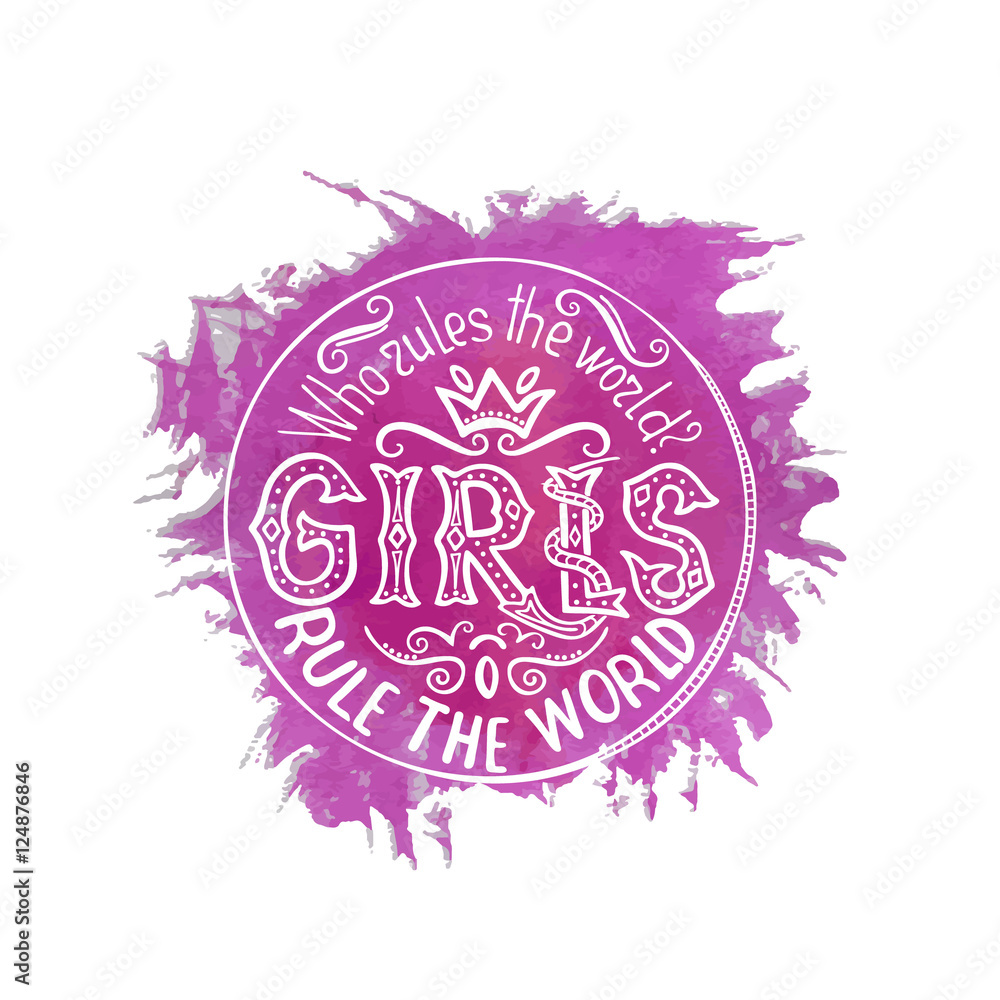 Handwritten text: Who rules the world?  Feminism quote. Feminist saying. Brush lettering. Violet abstract blur.  Vector design.