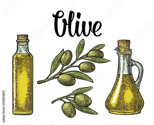 Bottle glass of Olive oil with cork stopper and branch with leaves