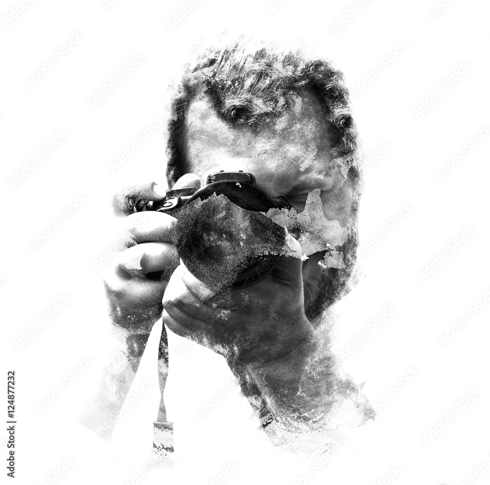 Double exposure male photographer looking at the camera, black a white ...